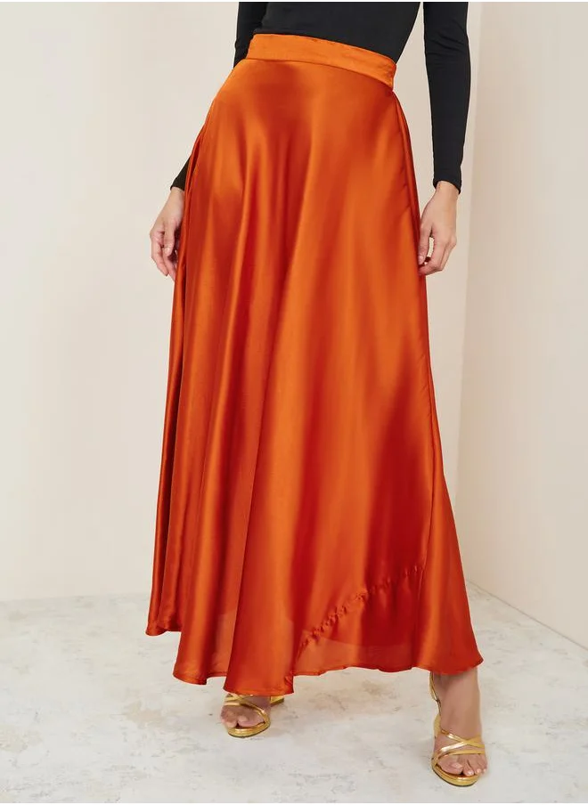 Styli High Rise Satin Flared Maxi Skirt