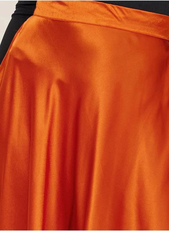 Styli High Rise Satin Flared Maxi Skirt