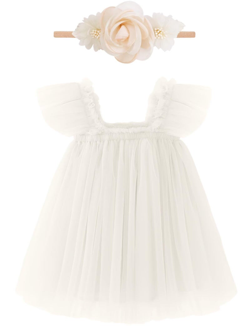 ANHDM Baby Girl First Birthday Outfit Cake Smash Short Sleeve Tulle Dresses with Flower Headband, White, 18 Months=Tag 100 - Image 1