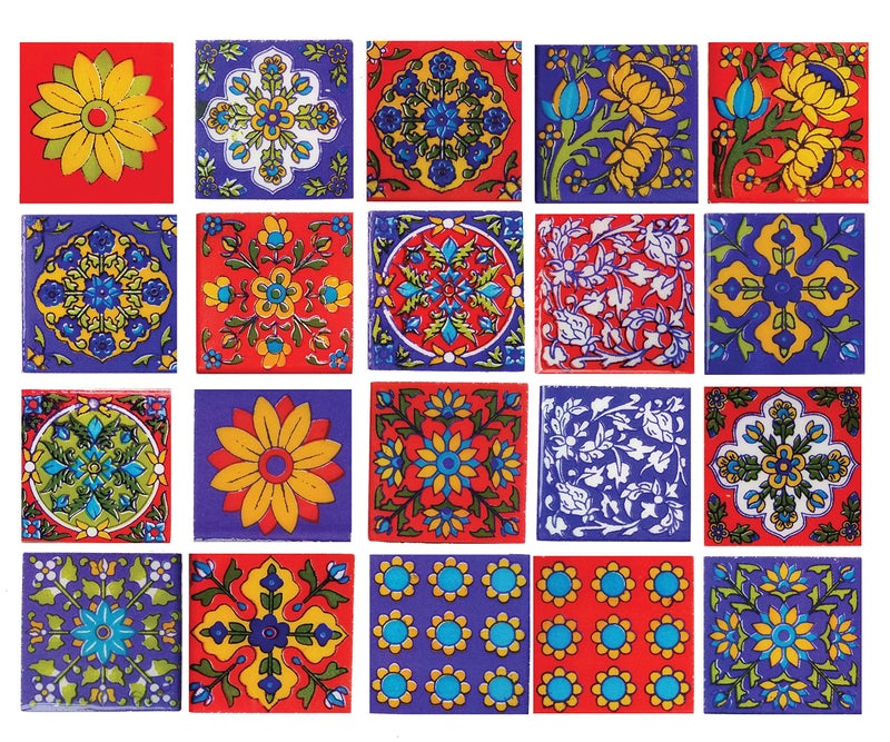Shiv Kripa Blue Pottery Shiv Kripa Blue Art Pottery Wall Ceramic Tile Interior Exterior Crafted Tabletop Flooring Wall Floral Decorative 2 x 2 inch Tiles Pack of 20 Tiles (Blue, Red & Multi) - Image 1