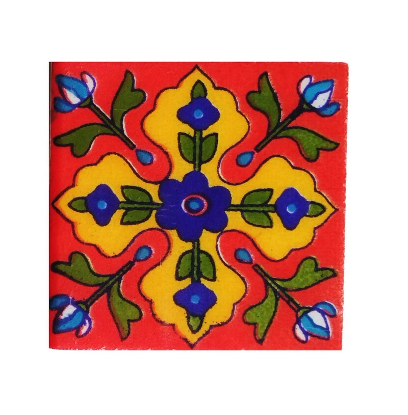 Shiv Kripa Blue Pottery Shiv Kripa Blue Art Pottery Wall Ceramic Tile Interior Exterior Crafted Tabletop Flooring Wall Floral Decorative 2 x 2 inch Tiles Pack of 20 Tiles (Blue, Red & Multi) - Image 4