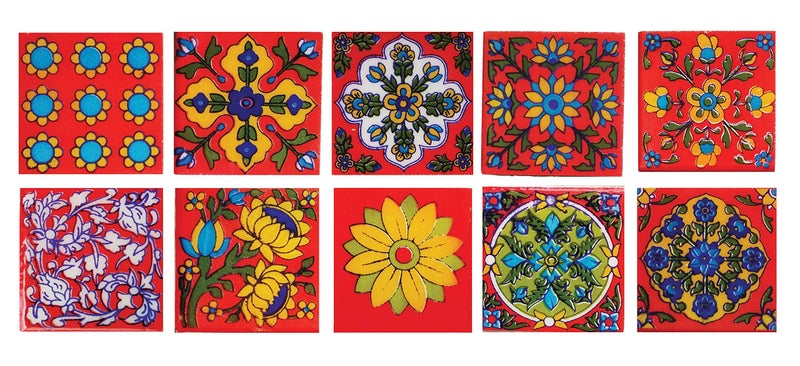 Shiv Kripa Blue Pottery Shiv Kripa Blue Art Pottery Wall Ceramic Tile Interior Exterior Crafted Tabletop Flooring Wall Floral Decorative 2 x 2 inch Tiles Pack of 20 Tiles (Blue, Red & Multi) - Image 2