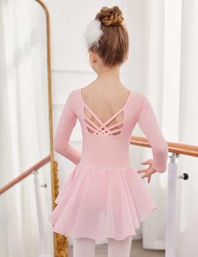 Arshiner ليوتارد باليه للبنات من أرشينر مع تنورة لامعة بأكمام طويلة وظهر متقاطع، باليه وردي، 6-7 سنوات - Image 4