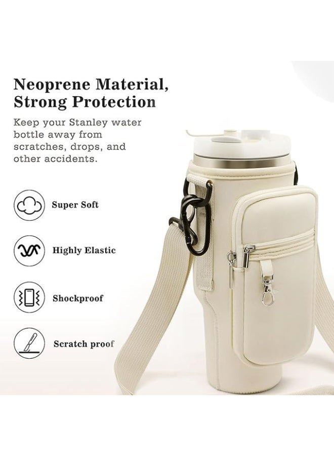 Water Bottle Carrier Bag with Phone Pocket for Stanley 40 oz Tumbler Neoprene Water Bottle Holder Pouch with Adjustable Strap Bollus with Carabiner for Stanley Cup Accessories, Beige, Bottle - Image 4
