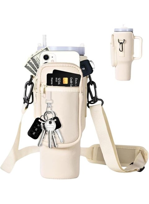 حقيبة لحمل زجاجات المياه مع جيب للهاتف لكوب ستانلي سعة 40 أونصة، جراب لحمل زجاجات المياه من النيوبرين مع حزام قابل للتعديل، بولوس مع حلقة تثبيت لملحقات أكواب ستانلي، لون بيج، زجاجة