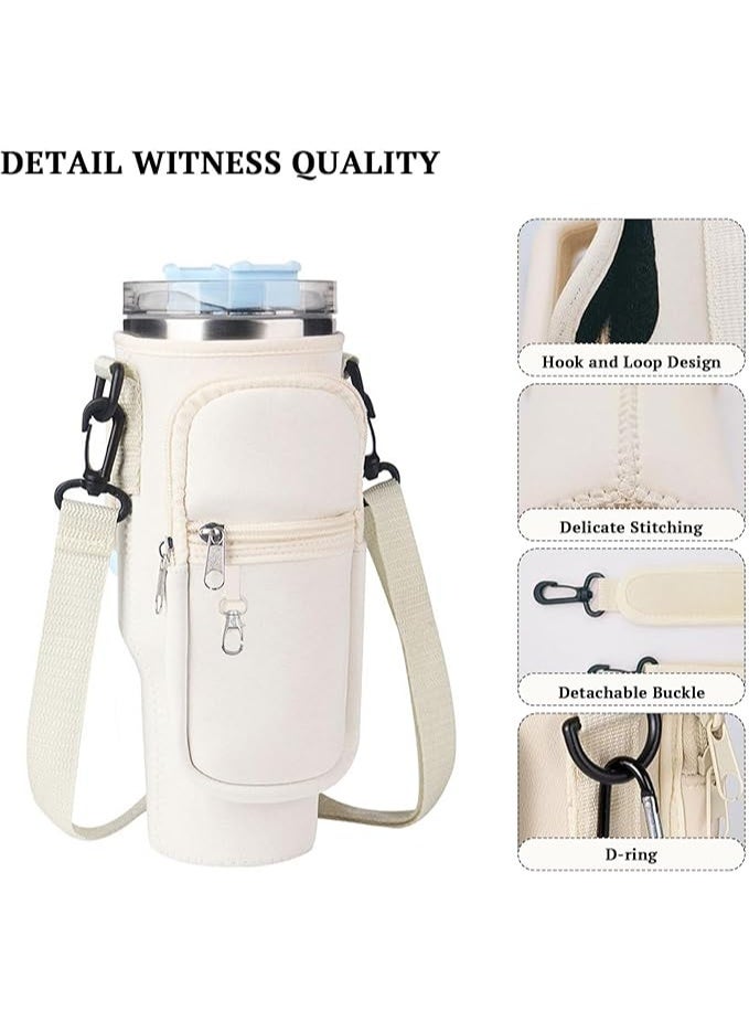 Water Bottle Carrier Bag with Phone Pocket for Stanley 40 oz Tumbler Neoprene Water Bottle Holder Pouch with Adjustable Strap Bollus with Carabiner for Stanley Cup Accessories, Beige, Bottle - Image 3