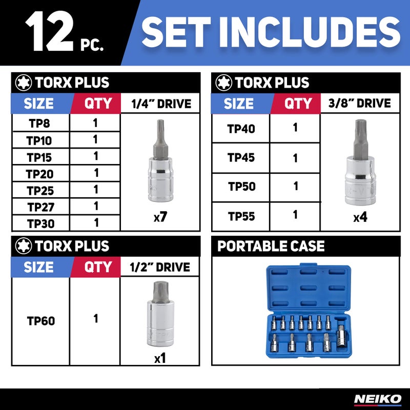 Neiko Neiko 10086A 6 Point Torx Plus Bit Socket Set, 1/4-Inch, 3/8-Inch and 1/2-Inch Drive, TP8 - TP60, 12-Piece  - Image 5