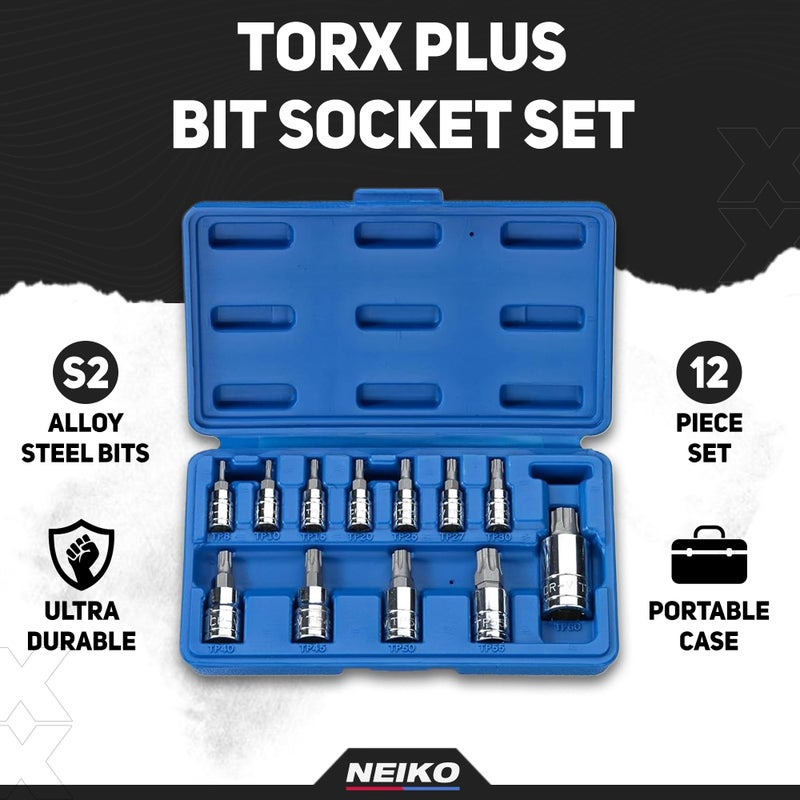 Neiko Neiko 10086A 6 Point Torx Plus Bit Socket Set, 1/4-Inch, 3/8-Inch and 1/2-Inch Drive, TP8 - TP60, 12-Piece  - Image 2