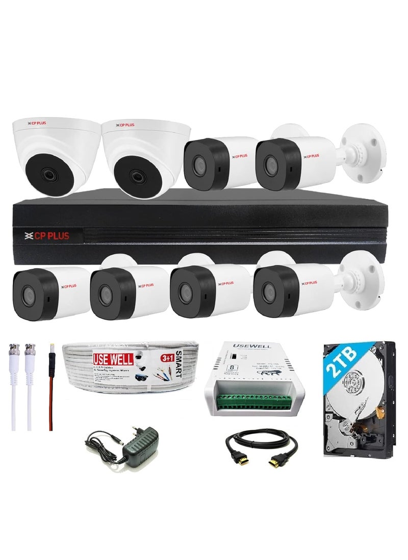 CP PLUS CP PLUS Full HD 8 Channel DVR with 24 MP 2 Dome 6 Bullet Cameras 2 TB HDD 31 Cable roll 8 CH Power Supply USEWELL BNC DC Full Combo Kit  - Image 1
