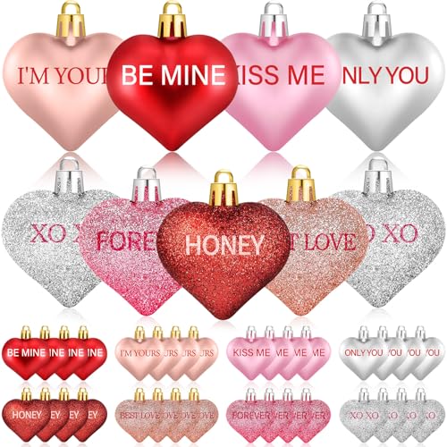 Cludoo 32PCS Valentines Tree Decorations Heart Ornaments, 8 Styles Valentines Day Heart Shaped Ornaments with Sweet Love Words Heart Baubles for Romantic Valentines Tree Decor Wedding Anniversary Decor - Image 1