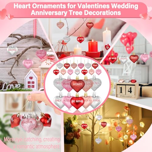 Cludoo 32PCS Valentines Tree Decorations Heart Ornaments, 8 Styles Valentines Day Heart Shaped Ornaments with Sweet Love Words Heart Baubles for Romantic Valentines Tree Decor Wedding Anniversary Decor - Image 4