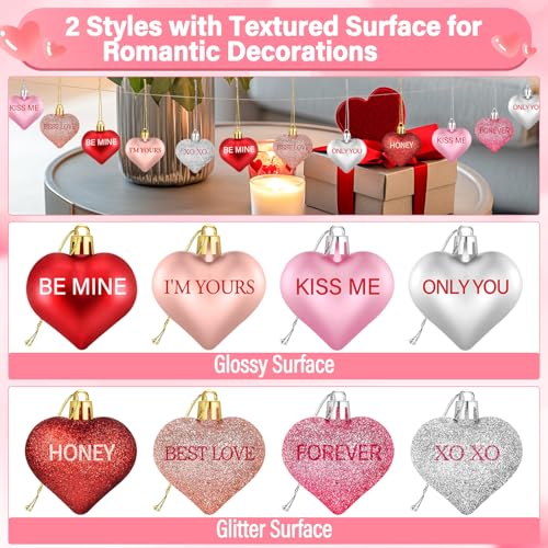 Cludoo 32PCS Valentines Tree Decorations Heart Ornaments, 8 Styles Valentines Day Heart Shaped Ornaments with Sweet Love Words Heart Baubles for Romantic Valentines Tree Decor Wedding Anniversary Decor - Image 3