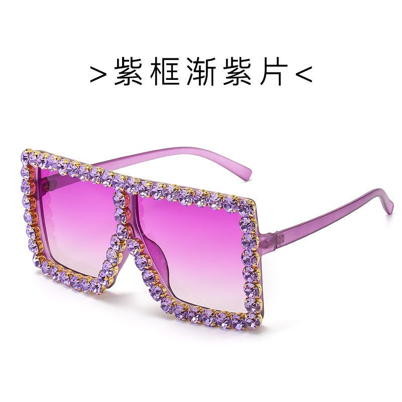 2020 cross-border new large frame sunglasses European and American Personality Diamond glasses cool generous frame cool sunglasses women Purple Diamond with purple frame