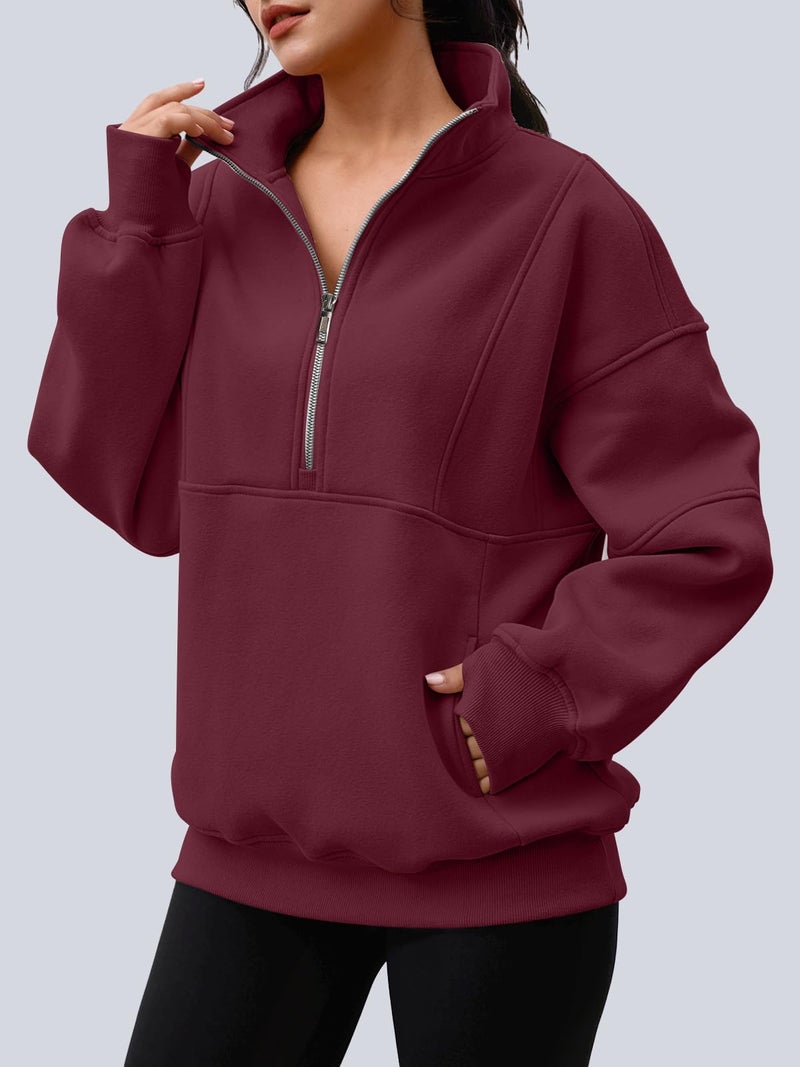 AUTOMET Womens Quarter Zip Oversized Sweatshirts Teen Fleece Pullover Hoodies 2026 Mock Neck Sweater Fall Workout Jacket WineRed XL - Image 2
