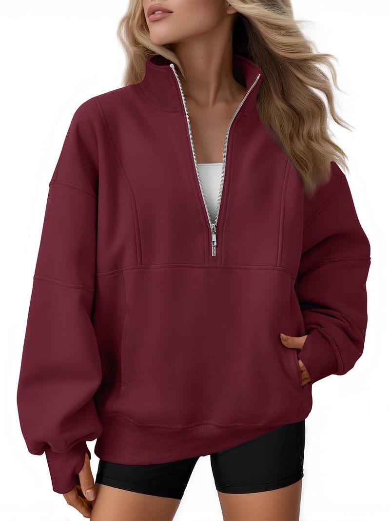AUTOMET Womens Quarter Zip Oversized Sweatshirts Teen Fleece Pullover Hoodies 2026 Mock Neck Sweater Fall Workout Jacket WineRed XL - Image 1