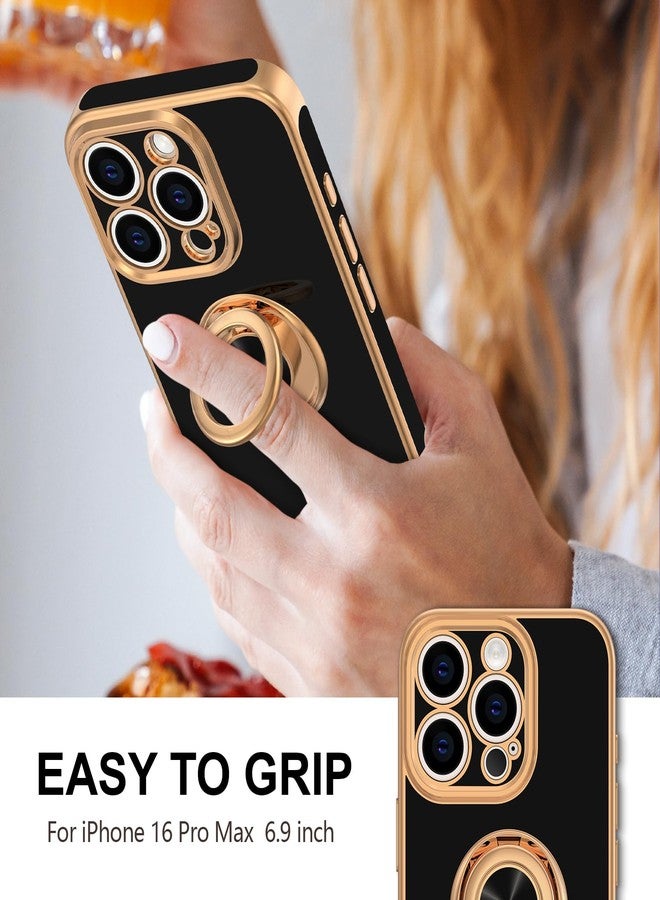 Hython for iPhone 16 Pro Max Case with Ring Stand, 360° Rotatable Ring Holder Magnetic Kickstand, Plating Rose Gold Edge Soft Cover Protective Phone Case for iPhone 16 Pro Max 6.9", Black - Image 2