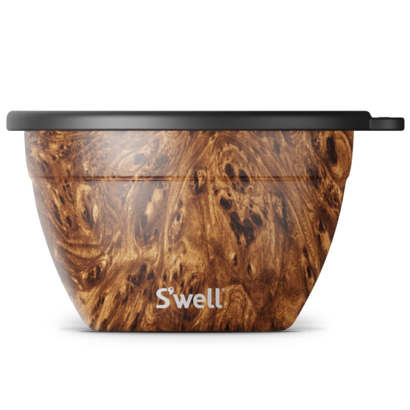 S'well Swell Stainless Steel Salad Bowl Kit  64oz Teakwood  Comes with 2oz Condiment Container and Removable Tray for Organization  LeakProof Easy to Clean Dishwasher Safe 