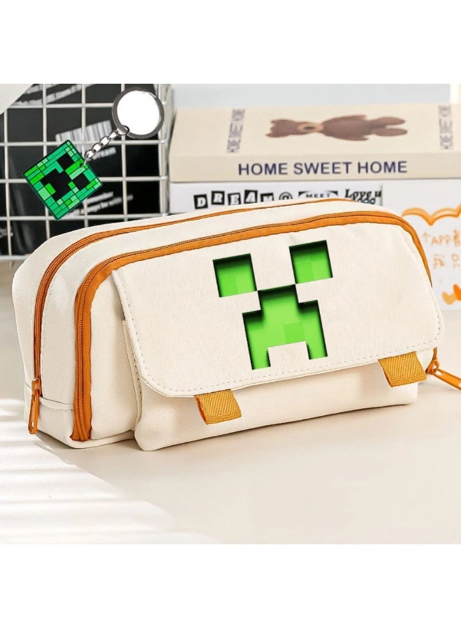 Creeper-Style Off-White Pencil Case | Minecraft-Inspired Multi-Compartment Pen Holder | Large Capacity (Holds 65 Pens) - Image 1