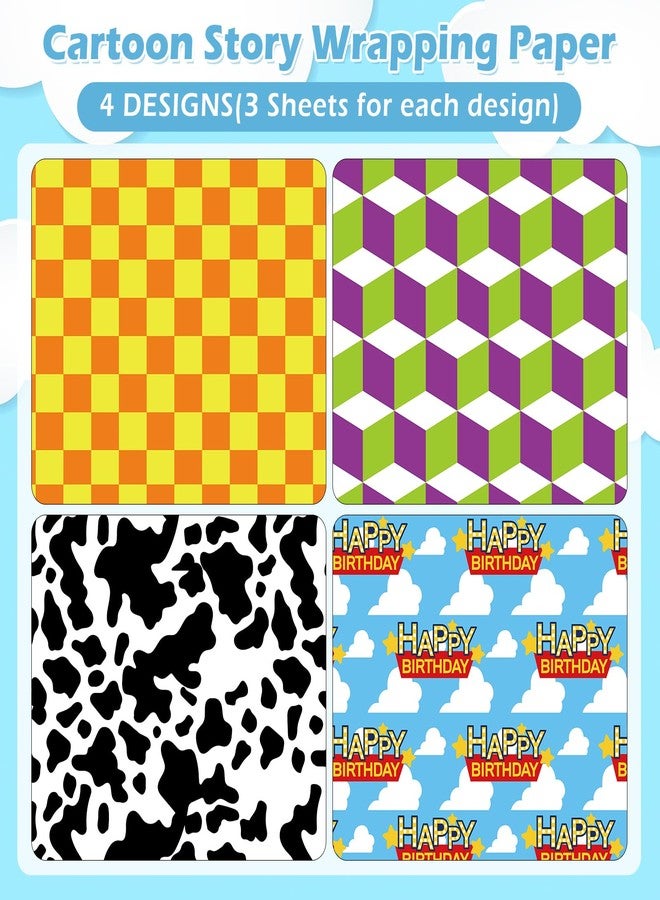 FYSUIMU 12 Sheets Cartoon Story Wrapping Paper - Not Roll - Cow Print Blue Sky Cloud Gift Wrap Paper Folded Flat for Birthday Baby Shower Party DIY Crafts, 19.7 x 27.6 Inch - Image 3