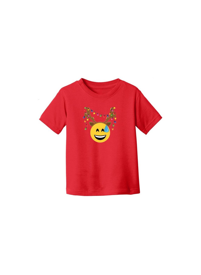 PRINTSHOP4ME - Christmas Emoji Kids Red T-Shirt For Girls–Soft Cotton Round Neck Short Sleeve T-Shirt With Smiley Face Emoji–Great For Parties - Image 1