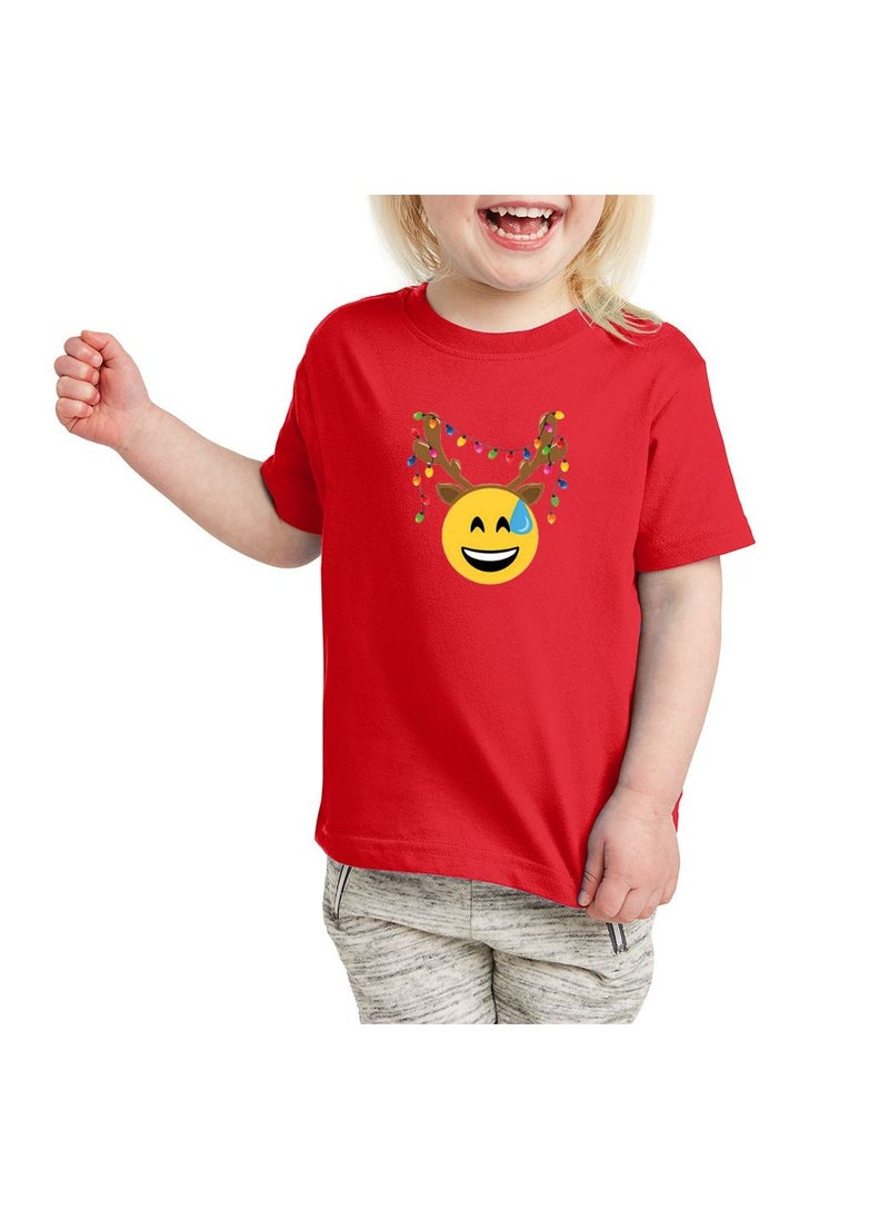 PRINTSHOP4ME - Christmas Emoji Kids Red T-Shirt For Girls–Soft Cotton Round Neck Short Sleeve T-Shirt With Smiley Face Emoji–Great For Parties - Image 1