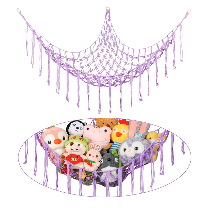 YELIENM Stuffed Animal Hammock Corner Handknitted Large Plushie Net Toy Hammock with Wooden Rings  Boho Cute Stuff Animal Storage for Nursery  Bedroom  Mesh Kids Toy Organizer Holder Nursery Room Decor