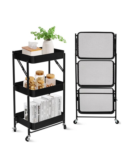 3 Tier Foldable Metal Rolling Utility Cart Organizer Multipurpose Organizer Trolley with Casters for Kitchen Bedroom, Bathroom Office Laundry Room and Garage Black
