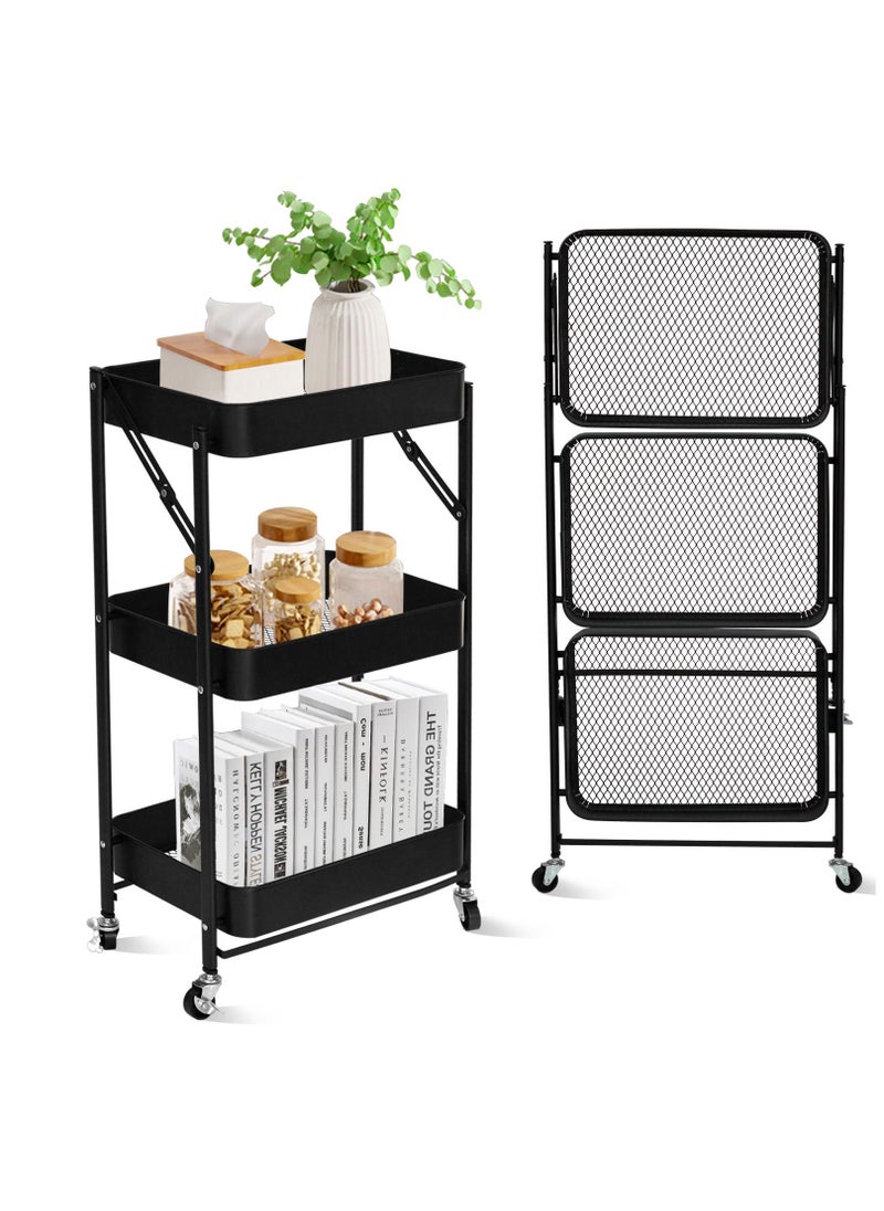سكاي تاتش 3 Tier Foldable Metal Rolling Utility Cart Organizer Multipurpose Organizer Trolley with Casters for Kitchen Bedroom, Bathroom Office Laundry Room and Garage Black  - Image 1