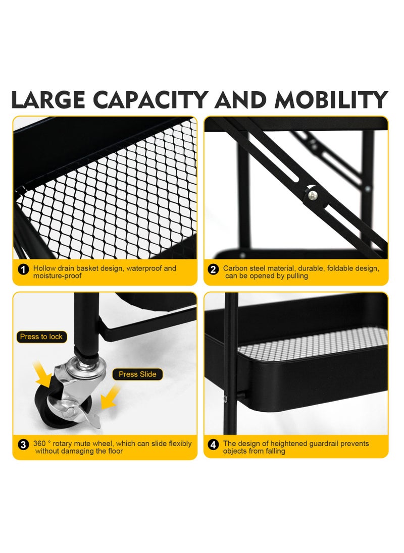 سكاي تاتش 3 Tier Foldable Metal Rolling Utility Cart Organizer Multipurpose Organizer Trolley with Casters for Kitchen Bedroom, Bathroom Office Laundry Room and Garage Black  - Image 4