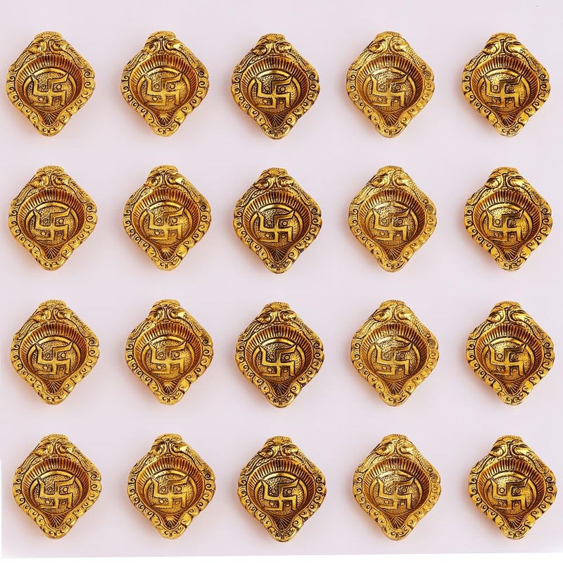 Indian-Shelf IndianShelf 20 Pieces Swastik Aarti Diyas for Puja Aluminium Gold Finish Oil Lamp Diwali Gifts Item Diva for Home Decoration  - Image 1