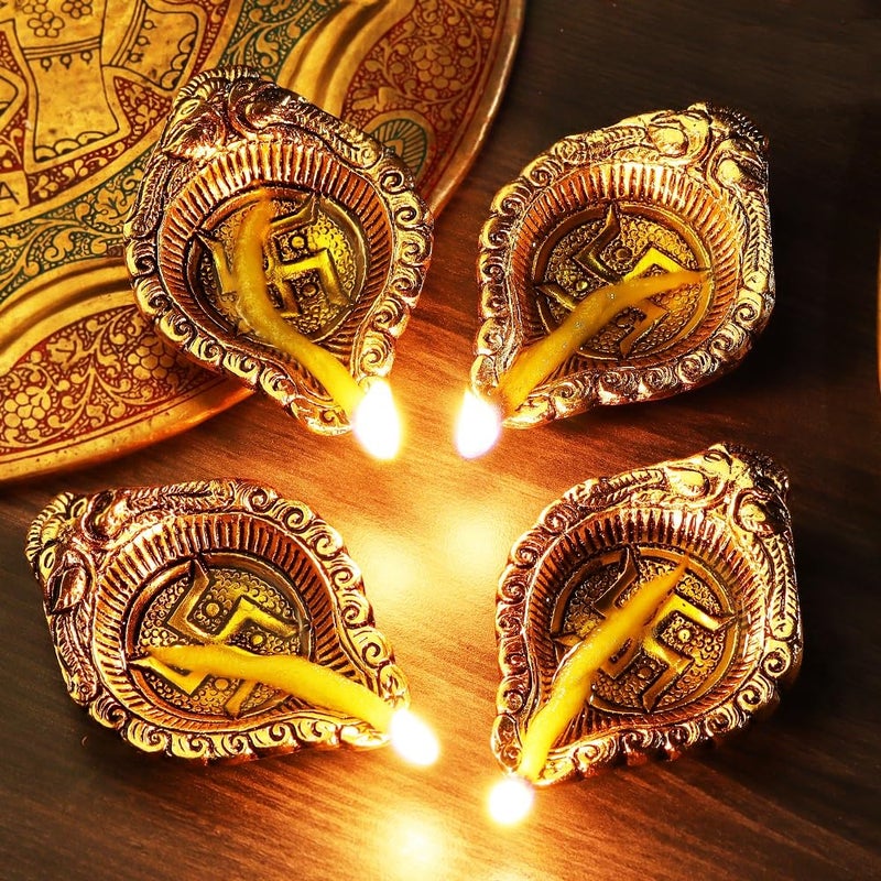 Indian-Shelf IndianShelf 20 Pieces Swastik Aarti Diyas for Puja Aluminium Gold Finish Oil Lamp Diwali Gifts Item Diva for Home Decoration  - Image 2
