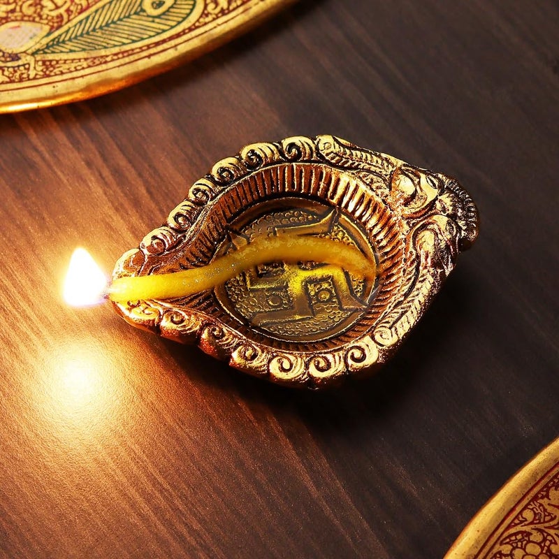 Indian-Shelf IndianShelf 20 Pieces Swastik Aarti Diyas for Puja Aluminium Gold Finish Oil Lamp Diwali Gifts Item Diva for Home Decoration  - Image 4