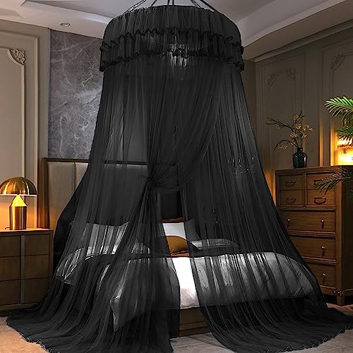 Kertnic Mosquito Net Bed Canopy for Girls, Princess Canopy Bed Curtain Fine Sheer Mesh Dome Bed Canopies, Kids & Adults Lace Tent for Twin Full Queen King Bed (Black) - Image 4