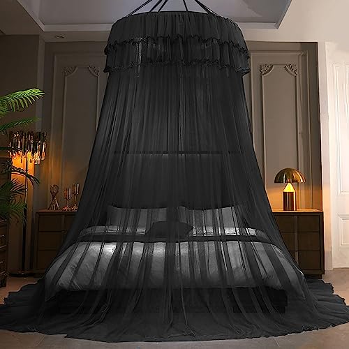 Kertnic Mosquito Net Bed Canopy for Girls, Princess Canopy Bed Curtain Fine Sheer Mesh Dome Bed Canopies, Kids & Adults Lace Tent for Twin Full Queen King Bed (Black) - Image 2