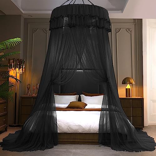 Kertnic Mosquito Net Bed Canopy for Girls, Princess Canopy Bed Curtain Fine Sheer Mesh Dome Bed Canopies, Kids & Adults Lace Tent for Twin Full Queen King Bed (Black) - Image 3