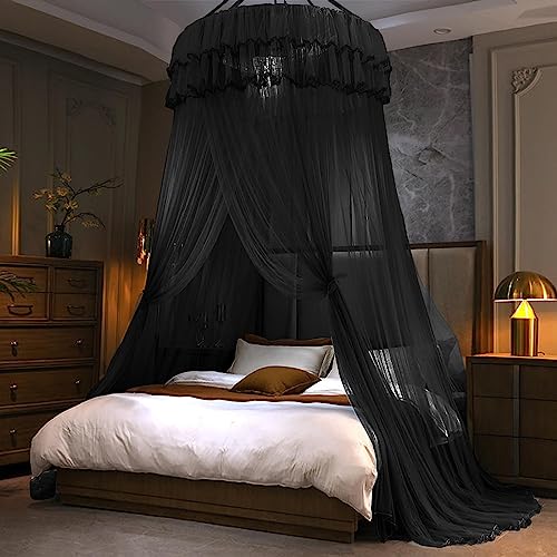 Kertnic Mosquito Net Bed Canopy for Girls, Princess Canopy Bed Curtain Fine Sheer Mesh Dome Bed Canopies, Kids & Adults Lace Tent for Twin Full Queen King Bed (Black) - Image 1