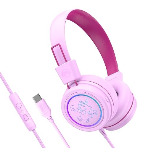 MEE audio KidJamz KJ55 Safe Listening USB-C Headphones for Children with Multicolor LED Lights, Volume Limiter, & Microphone; On-Ear Wired Kids Headset for iPhone 16, iPad, & USB Type C Devices (Pink) - Image 1