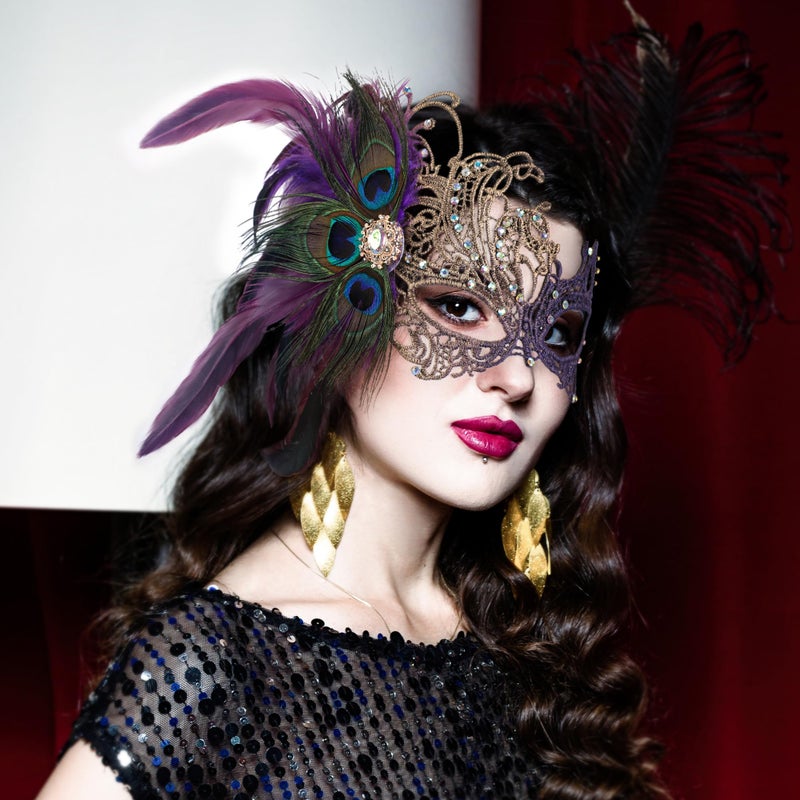 Zinniday Purple Masquerade Masks for Women - Handmade 1920s Peacock Feather Lace Mask with Shiny Rhinestone Antique Venetian Eyemask for Women Evening Prom Party Ball Bar Halloween Renaissance - Image 2