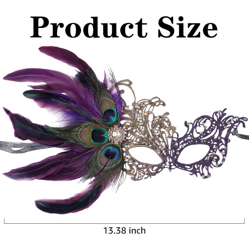 Zinniday Purple Masquerade Masks for Women - Handmade 1920s Peacock Feather Lace Mask with Shiny Rhinestone Antique Venetian Eyemask for Women Evening Prom Party Ball Bar Halloween Renaissance - Image 4