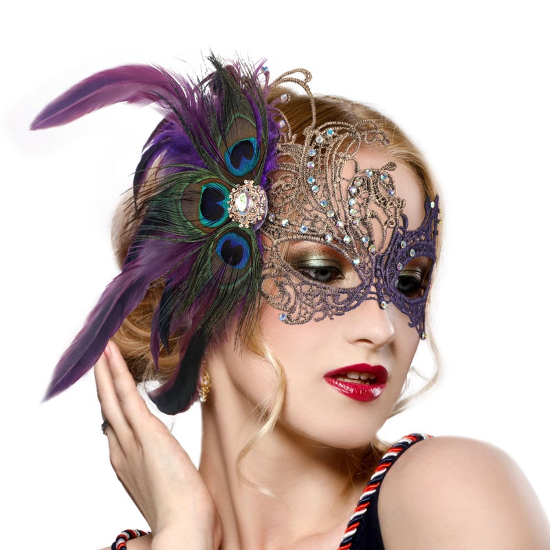 Zinniday Purple Masquerade Masks for Women - Handmade 1920s Peacock Feather Lace Mask with Shiny Rhinestone Antique Venetian Eyemask for Women Evening Prom Party Ball Bar Halloween Renaissance - Image 1