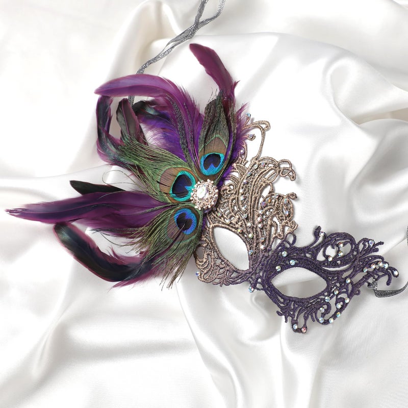 Zinniday Purple Masquerade Masks for Women - Handmade 1920s Peacock Feather Lace Mask with Shiny Rhinestone Antique Venetian Eyemask for Women Evening Prom Party Ball Bar Halloween Renaissance - Image 3