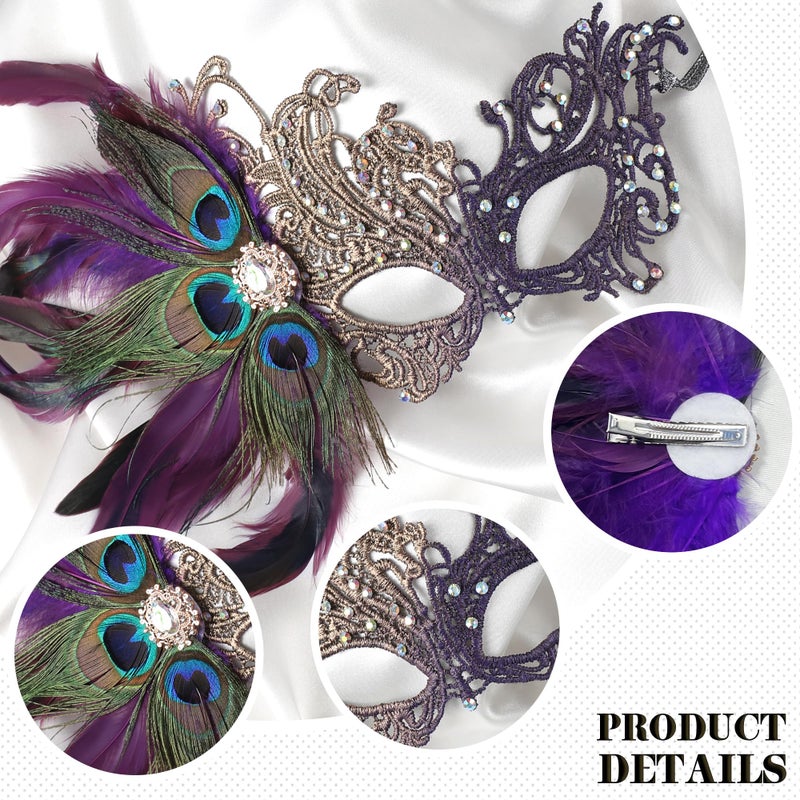 Zinniday Purple Masquerade Masks for Women - Handmade 1920s Peacock Feather Lace Mask with Shiny Rhinestone Antique Venetian Eyemask for Women Evening Prom Party Ball Bar Halloween Renaissance - Image 5