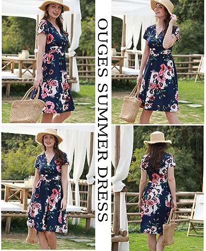 OUGES Women's Summer Short Sleeve V-Neck Pattern Knee Length Dress with Pockets Summer Dress 2025(Floral02,M) - Image 3