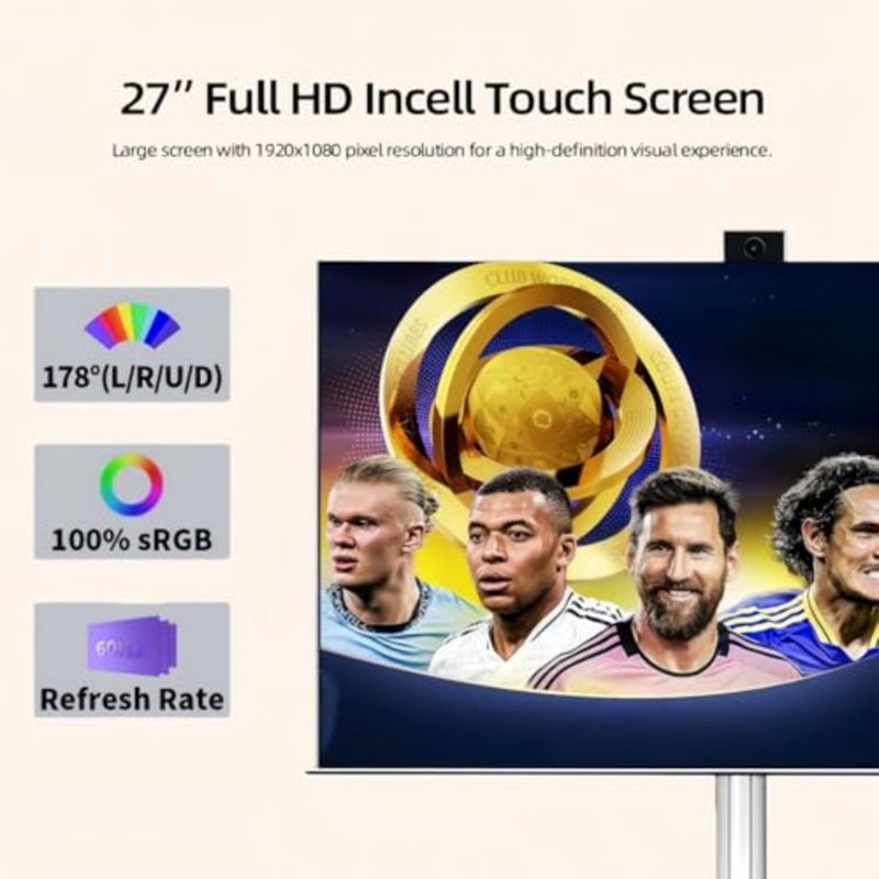 Portable Smart TV for home office use, aluminum alloy body, matte black finish, 27-inch touch screen with Android 15 OS, 6GB RAM, 128GB storage, 9000mAh battery enabling 10H video playback - Image 5