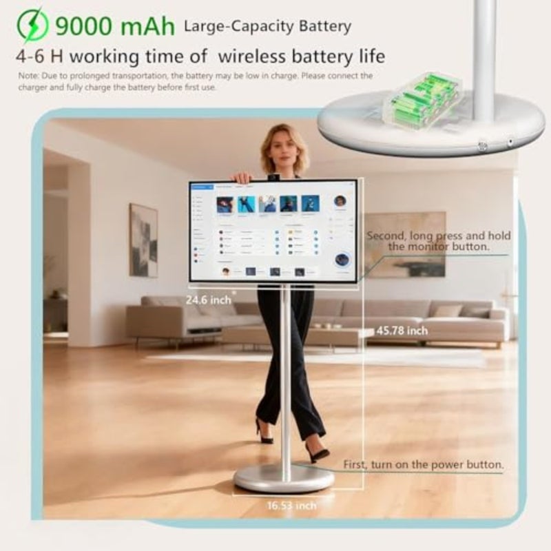 Portable Smart TV for home office use, aluminum alloy body, matte black finish, 27-inch touch screen with Android 15 OS, 6GB RAM, 128GB storage, 9000mAh battery enabling 10H video playback - Image 3