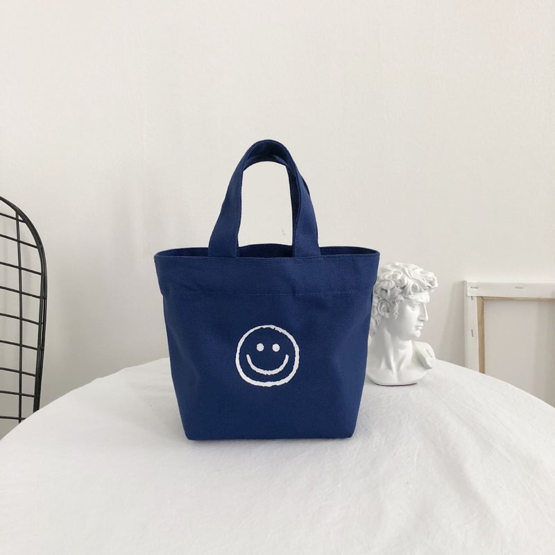 2023 Korean-Style Canvas Tote with Smile Design Navy blue 
