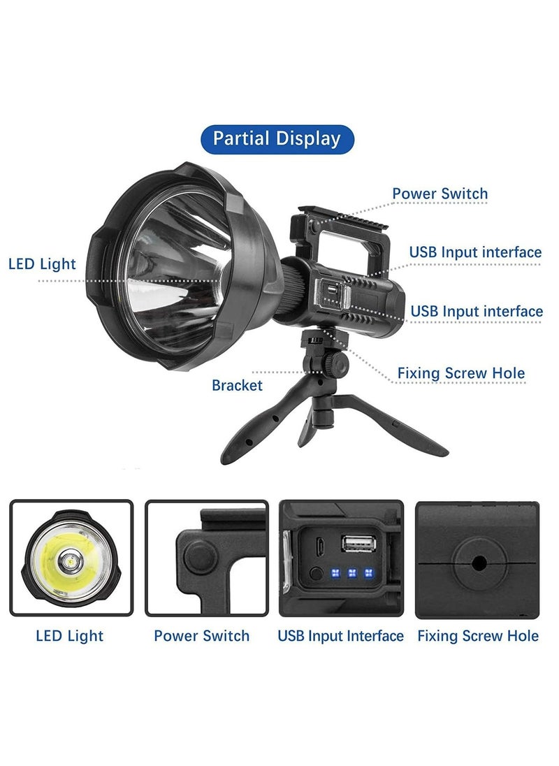 Rechargeable Spotlight Flashlight High Lumens, 90000 Lumen Super Bright spot Light with 4 Modes & USB Output, Waterproof Handheld LED Spotlight with Tripod, Powerful Searchlight for Camping/Emergency