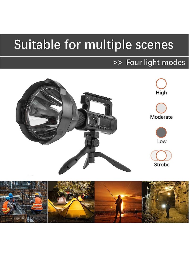 Rechargeable Spotlight Flashlight High Lumens, 90000 Lumen Super Bright spot Light with 4 Modes & USB Output, Waterproof Handheld LED Spotlight with Tripod, Powerful Searchlight for Camping/Emergency