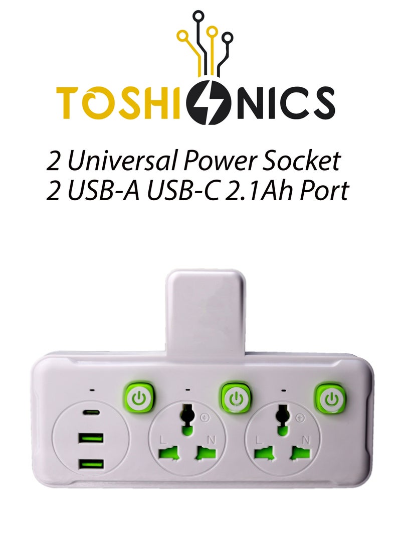توشيونيكس - مقبس الطاقة اللاسلكي العالمي 2 USB-A USB-C 2.1Ah منفذ مقبس الحائط التوصيل مقاوم للحريق وشحن سريع للهاتف المحمول سماعة مناسبة للاستخدام المكتبي والمنزلي - Image 1