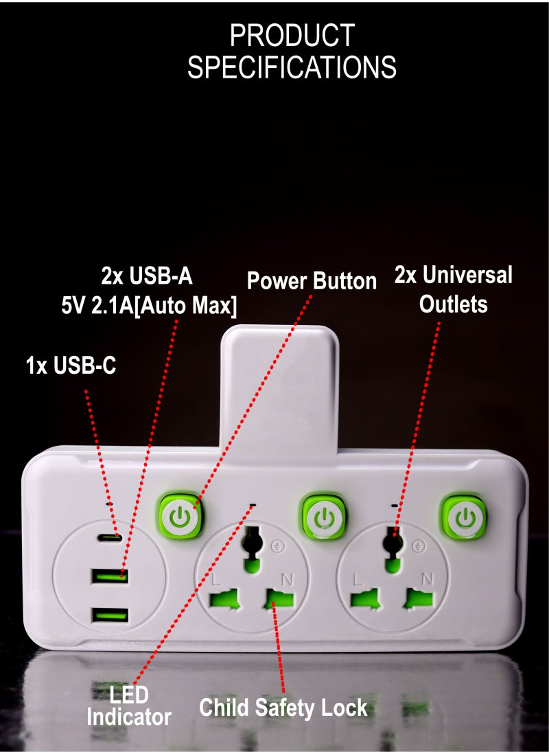 توشيونيكس - مقبس الطاقة اللاسلكي العالمي 2 USB-A USB-C 2.1Ah منفذ مقبس الحائط التوصيل مقاوم للحريق وشحن سريع للهاتف المحمول سماعة مناسبة للاستخدام المكتبي والمنزلي - Image 1